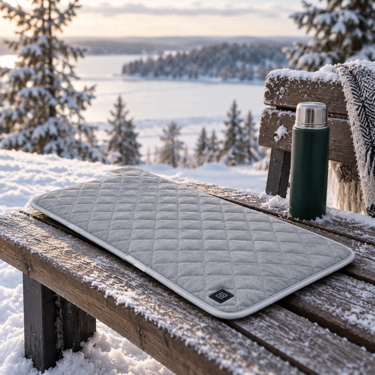 Coussin chauffant ORVO sur un banc en bois enneigé à côté d’une bouteille isotherme
