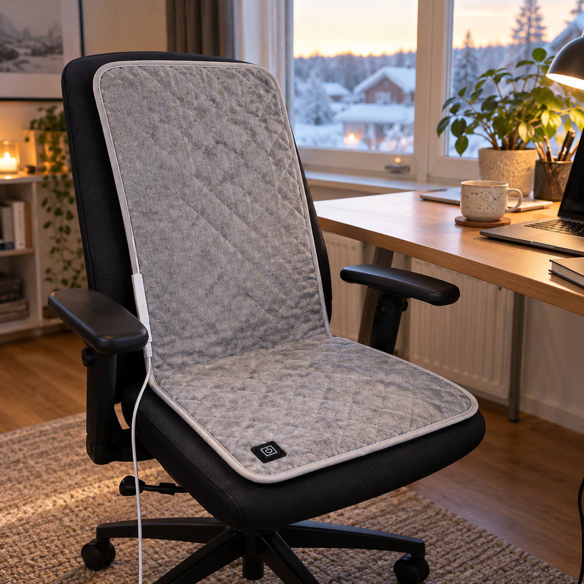 Coussin chauffant ORVO sur une chaise de bureau près d’une fenêtre donnant sur un paysage enneigé