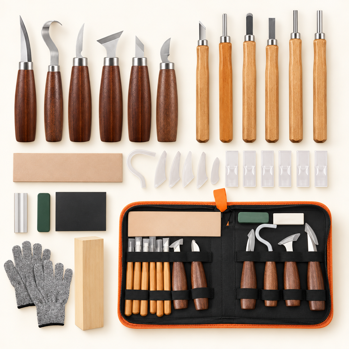 Set de sculpture ORVO avec six couteaux à sculpter, six petites gouges et ciseaux, protège-lames, cuir à affûter, pâte à polir, papier abrasif, pièce de bois, gants et trousse de rangement