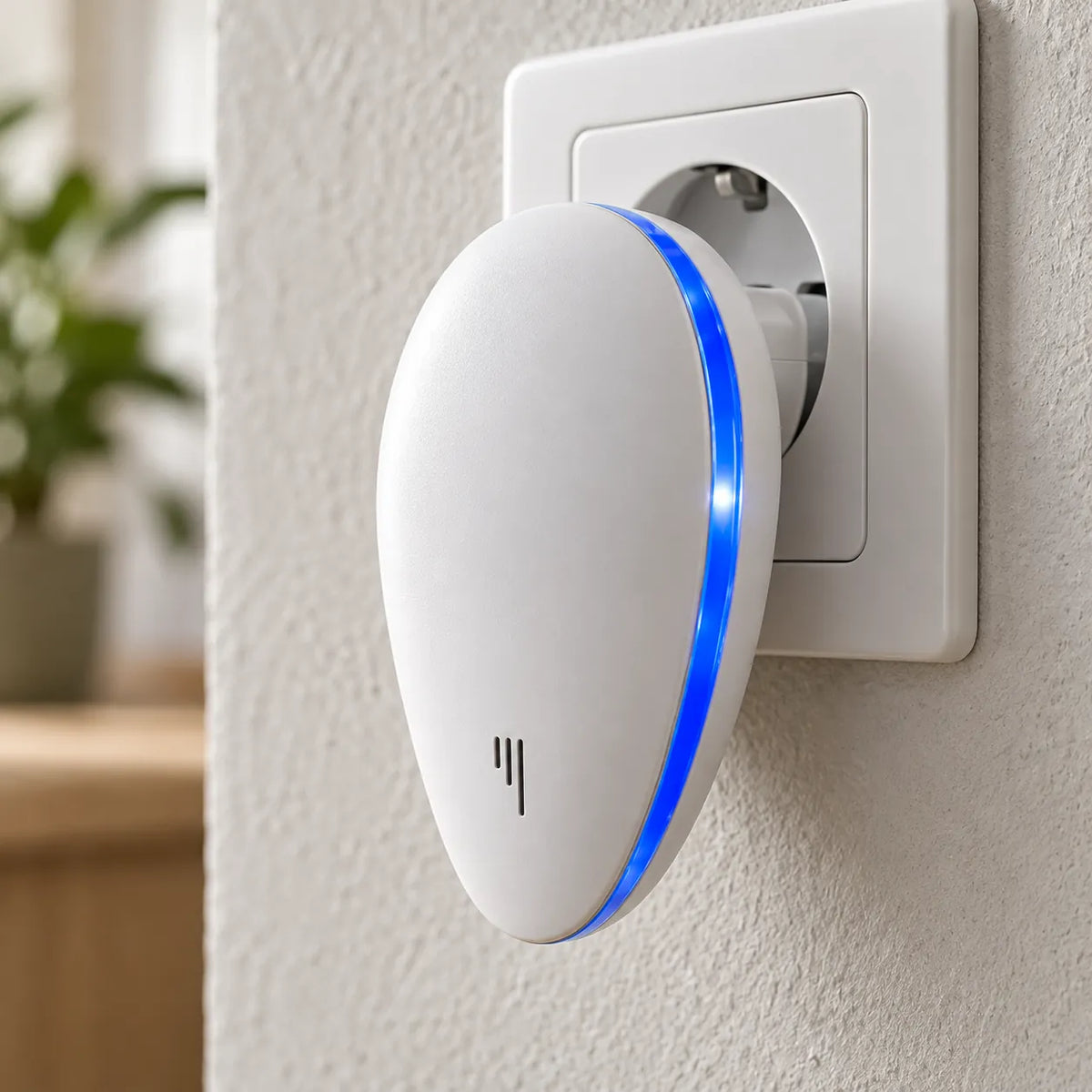 Gros plan de PestGuard branché sur une prise, anneau LED bleu allumé