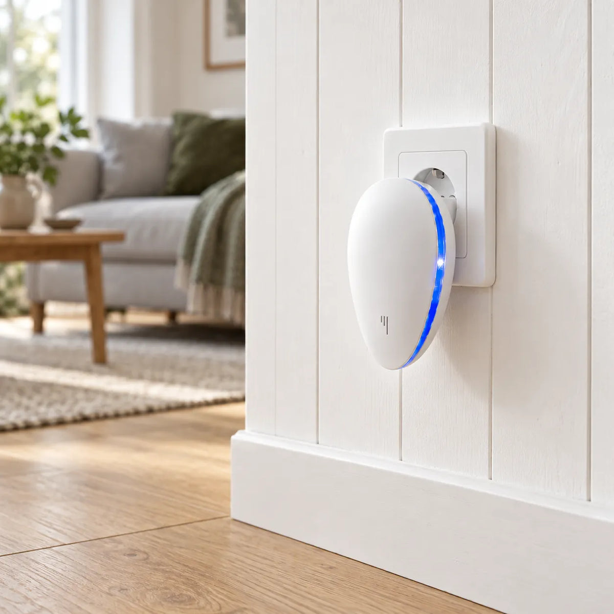 PestGuard sur une prise d’un mur lambrissé blanc dans un salon avec canapé et parquet en chêne