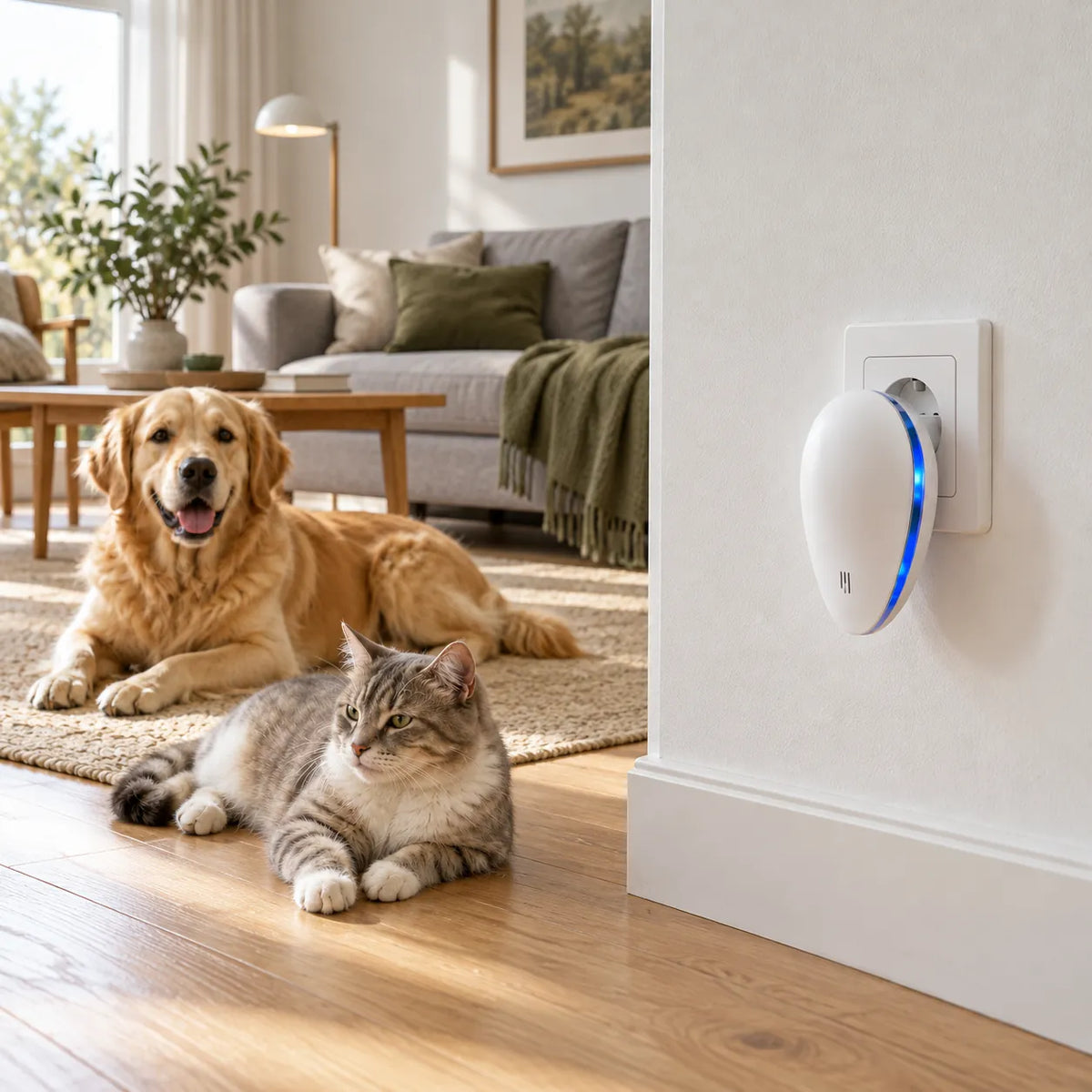 Golden retriever et chat allongés sur le sol du salon à côté de PestGuard branché