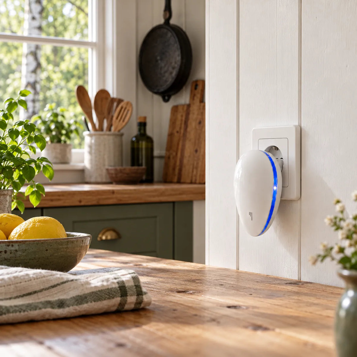 PestGuard sur une prise au-dessus du plan de travail d’une cuisine de campagne