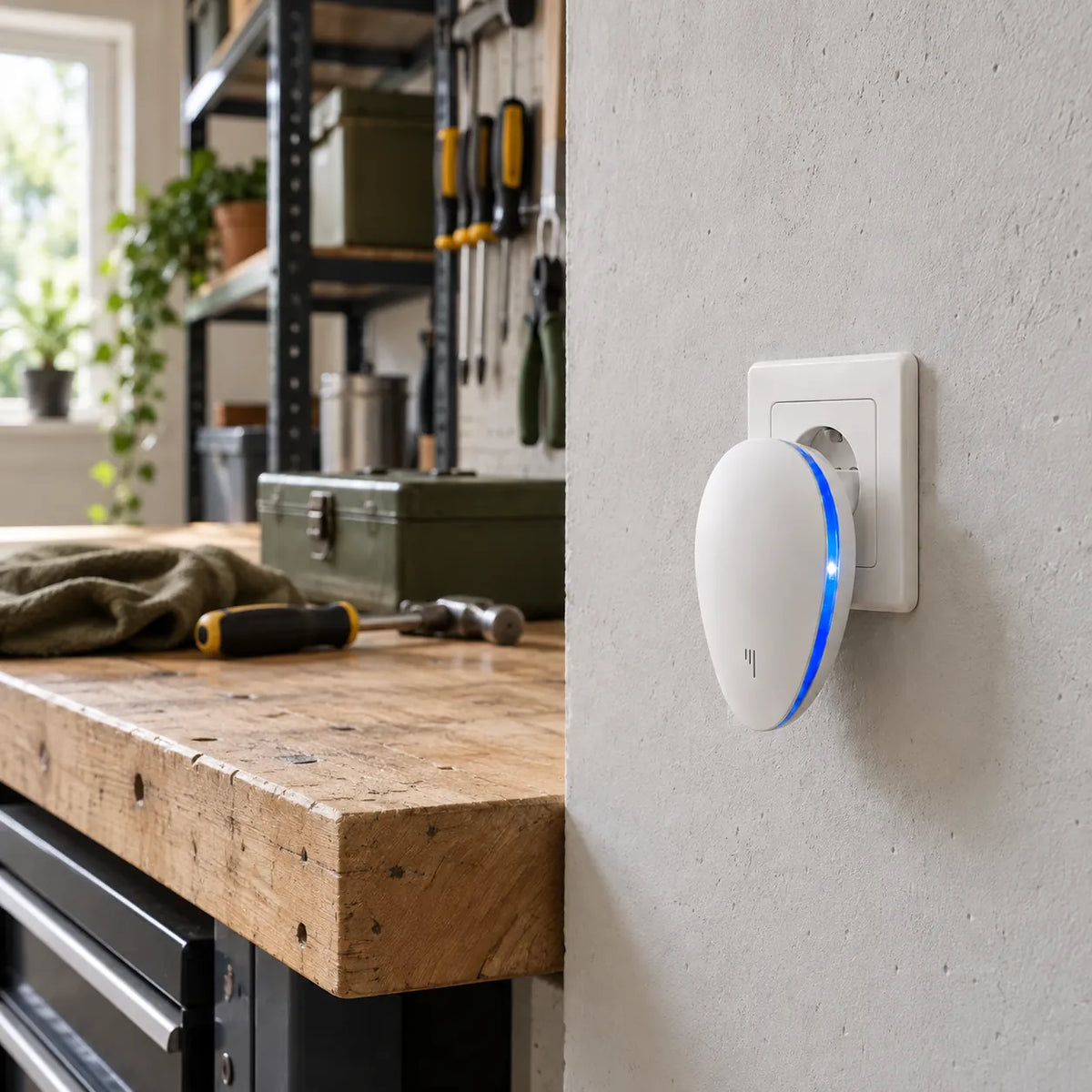 PestGuard sur une prise d’un mur en béton dans un garage avec établi