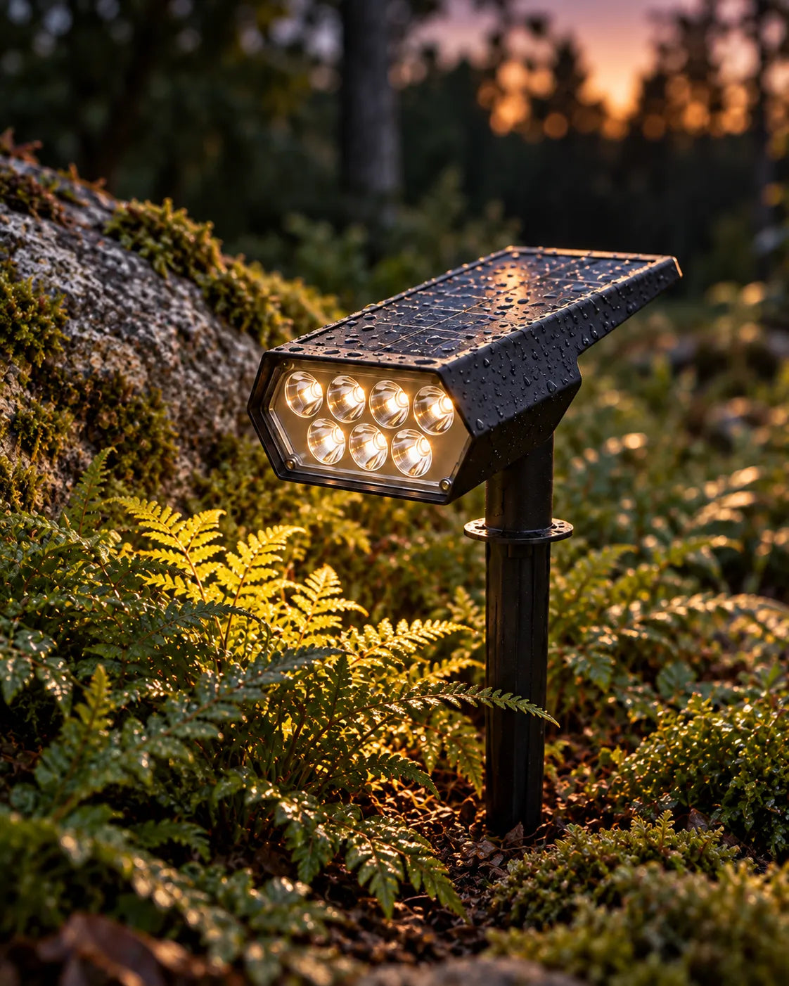 Spot solaire ORVO à sept LED allumé au crépuscule parmi les fougères près d’un rocher moussu