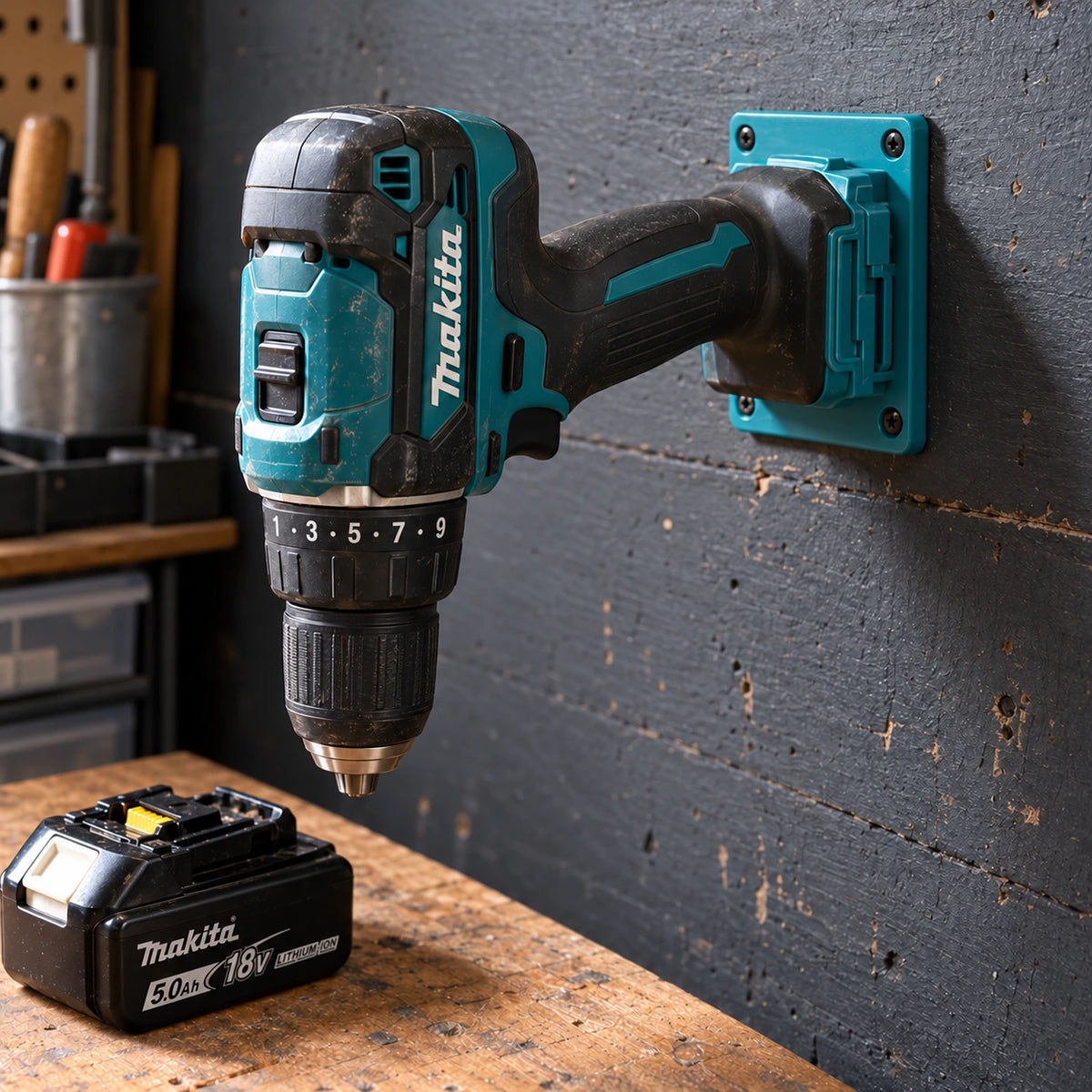 Une perceuse-visseuse Makita suspendue à un support turquoise sur un mur sombre, la batterie posée sur l'établi