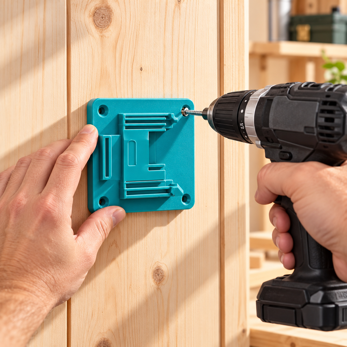 Une main tient un support d’outil turquoise contre un mur en bois pendant qu’il est vissé