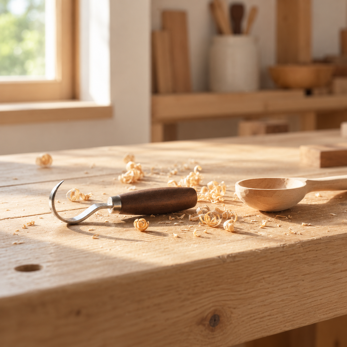 Couteau croche et cuillère en bois sculptée parmi les copeaux sur un établi en bois clair