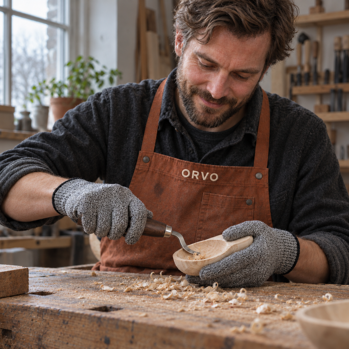 Personne en tablier et gants sculptant une cuillère en bois avec un couteau croche à l’établi